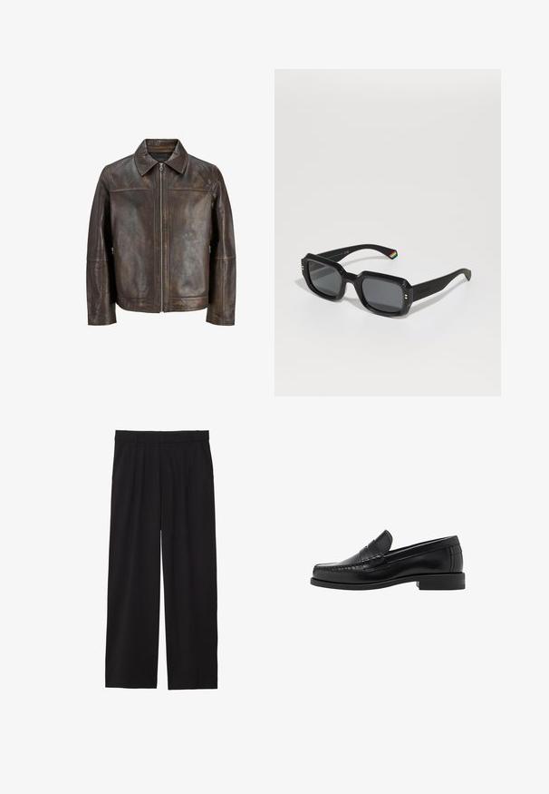 Bruine leren jas met een ritssluiting aan de voorkant, een spitse kraag en zijzakken. Heeft een gladde textuur en een licht verweerd uiterlijk.; Zwarte trui, ronde halslijn, lange mouwen, geribbelde manchetten en zoom, zachte textuur, effen kleur, minimalistisch ontwerp.; Zwarte wijde broek met geplooide voorkant, zijzakken en een gladde stoftextuur. Ontworpen voor een ontspannen pasvorm.; Zwarte leren instappers met een gladde afwerking, gestikte details op de neus en een lage hakontwerp voor comfort en stijl.; Zwarte rechthoekige zonnebril met donkere lenzen, dikke randen, gouden accenten en een regenbooggestreepte detail op de arm.