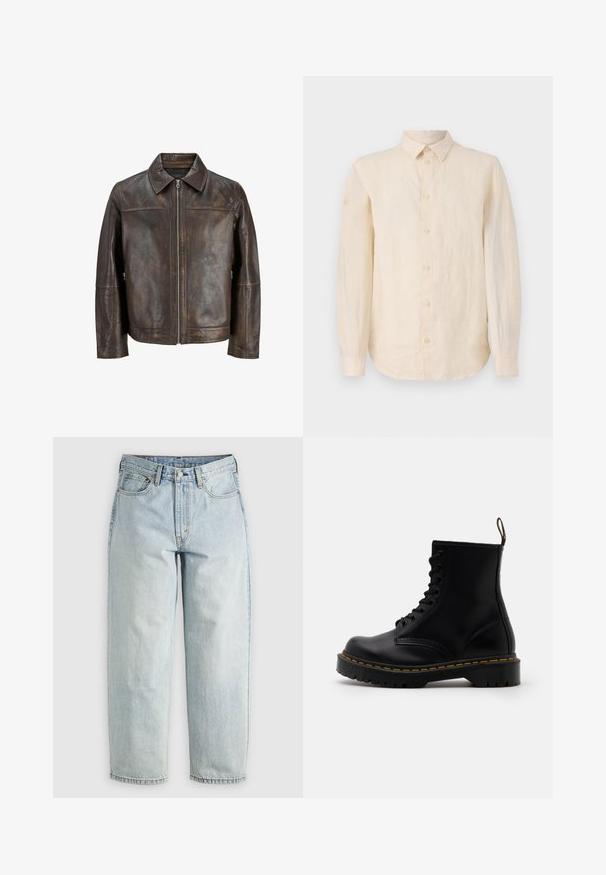 Giacca in pelle marrone con chiusura a zip frontale, colletto a punta e tasche laterali. Presenta una superficie liscia e una finitura leggermente invecchiata.; Camicia a maniche lunghe in lino beige chiaro, con chiusura a bottoni sul davanti, colletto classico e orlo curvo. Tessuto liscio con una finitura netta.; Jeans in denim blu chiaro con gamba dritta, cinque tasche e chiusura con bottone; presentano aree sbiadite e dettagli di cucitura sottili.; Stivaletti alla caviglia in pelle nera con lacci anteriori, cuciture gialle, punta rotonda e suola in gomma spessa e testurizzata.