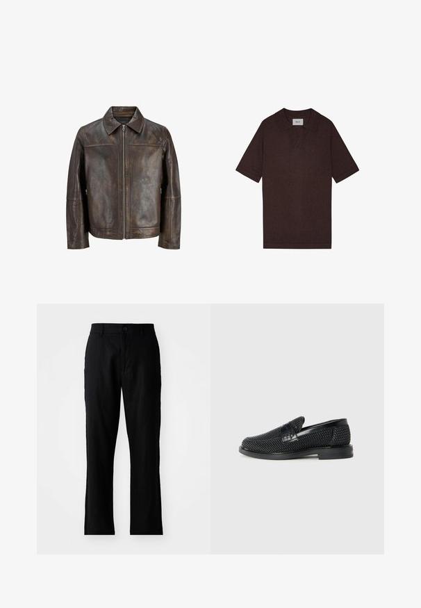 Brązowa skórzana kurtka z zamkiem z przodu, spiczastym kołnierzem i bocznymi kieszeniami. Charakteryzuje się gładką fakturą i lekko postarzaną wykończeniem.; Brązowa koszulka polo wykonana z teksturowanej tkaniny, z wyrazistym kołnierzykiem i krótkimi rękawami. Metka pokazuje "NN. 07" na dekolcie.; Czarne lniane spodnie o prostym kroju, z zapięciem na guzik, bez widocznych wzorów, gładka faktura i standardowe kieszenie.; Czarny, pleciony but wsuwany z gładkim skórzanym akcentem na cholewce, o okrągłym nosku i niskoprofilowej gumowej podeszwie.