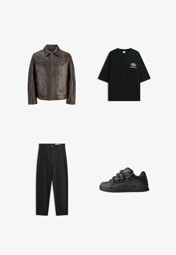 Braune Lederjacke mit einem Reißverschluss vorne, spitzem Kragen und Seitentaschen. Sie hat eine glatte Textur und einen leicht abgeriebenen Finish.; Schwarzes oversized Baumwoll-T-Shirt mit Rundhalsausschnitt und kurzen Ärmeln, auf der Vorderseite mit einem weißen "Shibuya"-Logo bedruckt.; Schwarze Baumwollhose mit lockerem Schnitt, ausgestattet mit einem klassischen Bund, vorderen Falten und Seiten taschen. Glatte Textur ohne Muster.; Schwarze Sneakers mit einem glatten Leder-Obermaterial, strukturierten Akzenten und runden schwarz-weißen Schnürsenkeln. Dicke Gummisohle mit einem gemusterten Profil.