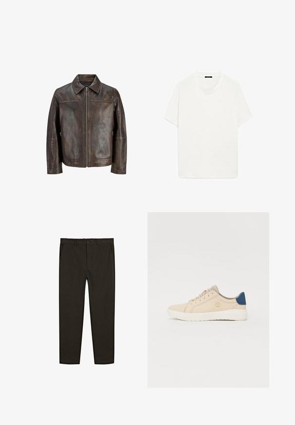 Giacca in pelle marrone con chiusura a zip frontale, colletto a punta e tasche laterali. Presenta una superficie liscia e una finitura leggermente invecchiata.; T-shirt bianco a maniche corte, colletto girocollo, texture morbida, linea dritta, design minimal, senza motivi o accenti visibili.; Pantaloni in tessuto intrecciato marrone scuro con design a gamba dritta, tasche anteriori e chiusura con bottone in vita. Texture liscia.; Sneakers beige in suede, con suola bianca, lacci beige e un dettaglio blu sul tallone. Logo impresso di lato.