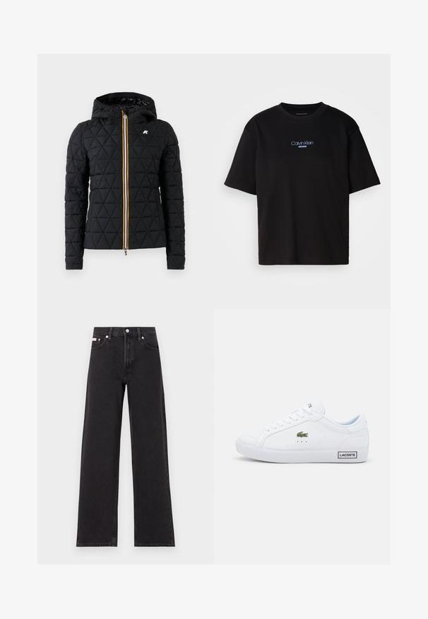 Čierna prešívaná bunda s kapucňou, s predným zipom a farebným pruhom pozdĺž zipu. Logo na hrudi.; Čierne bavlnené tričko s okrúhlym výstrihom, krátkymi rukávmi a modrým vyšívaným logom "Calvin Klein JEANS" na prednej strane.; Čierne široké džínsy vyrobené z denimu, s vysokým pásom, piatimi vreckami a kovovým zapínaním s kontrastným šitím.; Biele tenisky Lacoste s textúrovaným koženým zvrškom, plochými šnúrkami, zeleným krokodílím logom a čiernou nášivkou "LACOSTE" na päte.