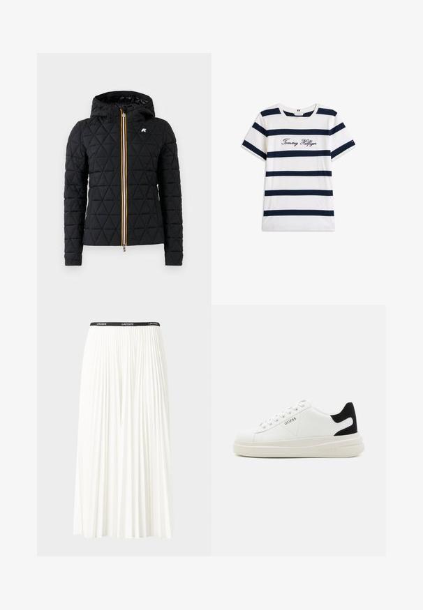 Giacca nera trapuntata con cappuccio, dotata di chiusura frontale con zip e striscia colorata lungo la zip. Accento del logo sul petto.; T-shirt in cotone con righe orizzontali blu navy su sfondo bianco. "Tommy Hilfiger" ricamato in corsivo sul petto. Collo a giro.; Gonna bianca plissettata con elastico nero in vita che presenta il logo "LACOSTE". Design di lunghezza media con texture morbida.; Sneaker bianchi in pelle con suola spessa bianca, accento in suede nero sul tallone e logo impresso sul lato. Design con lacci e sei fori per i lacci.