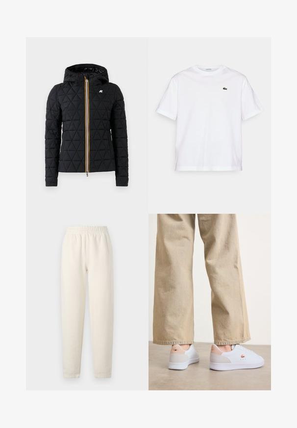 Melnā quiltotā jaka ar kapuci, ar priekšējo rāvējslēdzēju un krāsainu svītru gar rāvējslēdzēju. Logo akcenti uz krūtīm.; Balta kokvilnas T-kreklu ar apaļu kakla izgriezumu un īsām piedurknēm. Uz krūtīm ir zaļš izšūts logotips. Mīksta tekstūra, brīvi pieguļošs fasona.; Krēmkrāsas sporta bikses, kas izgatavotas no mīksta auduma. Tām ir elastīgs jostasvīrs un sašaurināta kāju dizains ar diskrētām šuvēm.; Baltas sporta apavi ar gludu ādas apdari, kas ietver beidzīgu zamšādas akcentu uz papēža un diskreto zīmolu. Apvienoti ar gaiši beidzīgu biksēm.