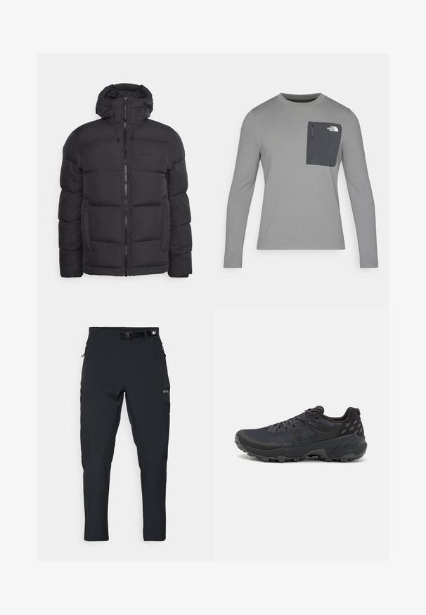 Peak Performance RIVEL JACKET - Gewatteerde jas - black; Grijze lange mouw shirt van textuurstof, met een donkergrijze borstzak en een ritsluiting. Logo op de zak in het wit.; Columbia ESSENTIAL HIKE™ PANT - Outdoorbroeken - black; Zwarte trailrunning schoenen met een gestructureerde mesh bovenkant en rubberen buitenzool; kenmerken zijn onder andere veters, een gewatteerde kraag en logo-details.