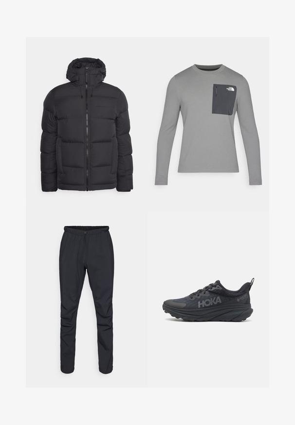 Peak Performance RIVEL czarny; Szara koszula z długim rękawem o teksturowanej tkaninie, z ciemnoszarym kieszonką na piersi i zapięciem na zamek. Logo na kieszeni w kolorze białym.; Czarne lekkie spodnie z elastycznym pasem, sznurkiem do regulacji i zwężającymi się nogawkami. Wykonane z materiału wodoodpornego o gładkiej teksturze.; Czarne buty do biegania Hoka z siateczkową cholewką, teksturowanymi detalami oraz grubą, amortyzowaną podeszwą z tapered edges dla lepszego wsparcia.
