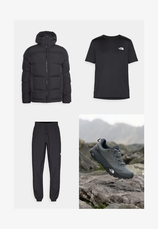 Peak Performance RIVEL JACKET - Dunjakke - black; Svart kortermet T-skjorte laget av lett materiale. Har en liten hvit logo på venstre bryst og subtile skulderdetaljer.; Sorte idrettsbukser laget av lett stoff, med snor i livet, sidelommer og smale mansjetter ved anklene.; Grå terrengløpesko med en teksturert overdel, slitesterk gummisåle og forsterket tåhette. Inkluderer snørebånd og merkevarelogo på siden.