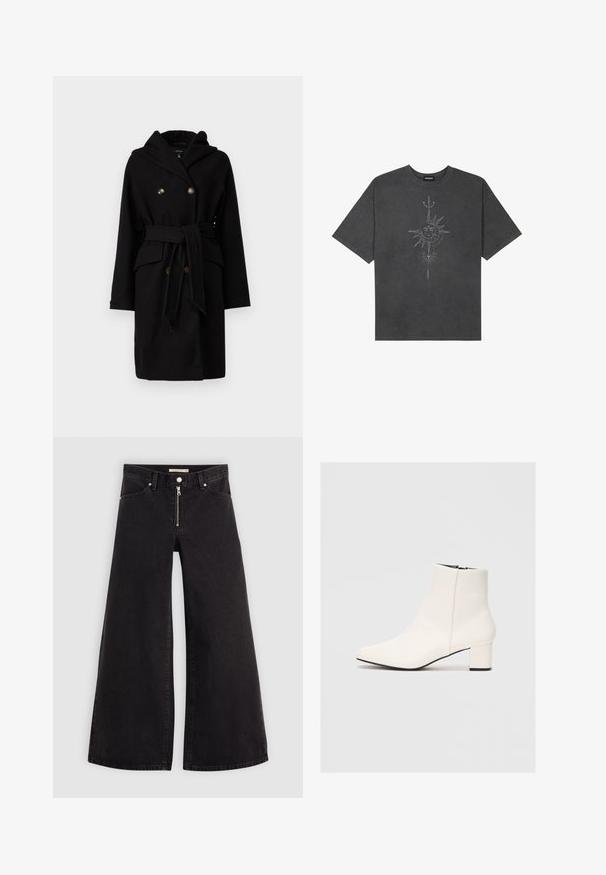 Abrigo de lana negro con capucha, diseño de doble botonadura, dos botones de tono dorado, cintura con cinturón y bolsillos delanteros. Textura suave y forma elegante.; Camiseta de gran tamaño gris oscuro hecha de algodón, con un gráfico central de un sol con intrincados detalles lineales impresos en la parte frontal.; Jeans de pierna ancha en denim negro con cierre frontal, diseño de cinco bolsillos y detalles de costura sutiles. Textura suave y estilo casual.; Botín de piel blanca hasta el tobillo con punta afilada, tacón cuadrado y cremallera lateral. Textura suave con un diseño minimalista.
