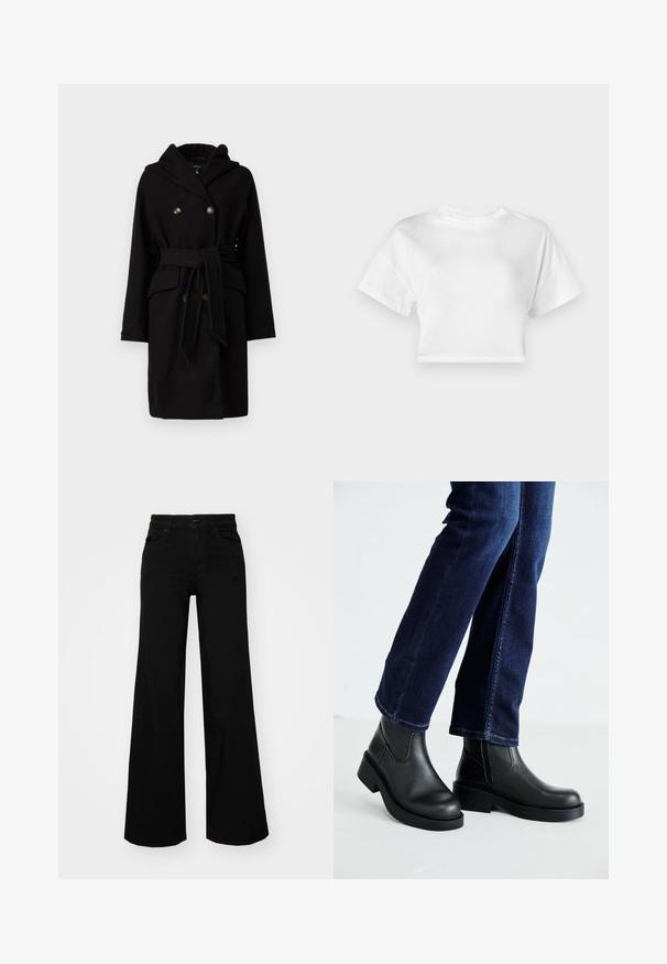 Schwarzer Wollmantel mit Kapuze, Doppelreiher-Design, zwei goldfarbene Knöpfe, taillierter Schnitt mit Gürtel und Fronttaschen. Glatte Textur und eleganter Schnitt.; Weißes, kurzes T-Shirt aus Baumwolle. Kurze Ärmel, runder Ausschnitt, glatte Textur, lässiges Design ohne Muster oder Verzierungen.; Schwarze weit geschnittene Hose aus Denim, mit einem strukturierten Bund, Gürtelschlaufen und Fronttaschen. Glatte Textur mit klassischem Design.; Schwarze Lederstiefeletten mit einer dicken Sohle und seitlichen Elastikeinsätzen, kombiniert mit dunkelblauen Jeans. Der Boden ist hellfarbig.