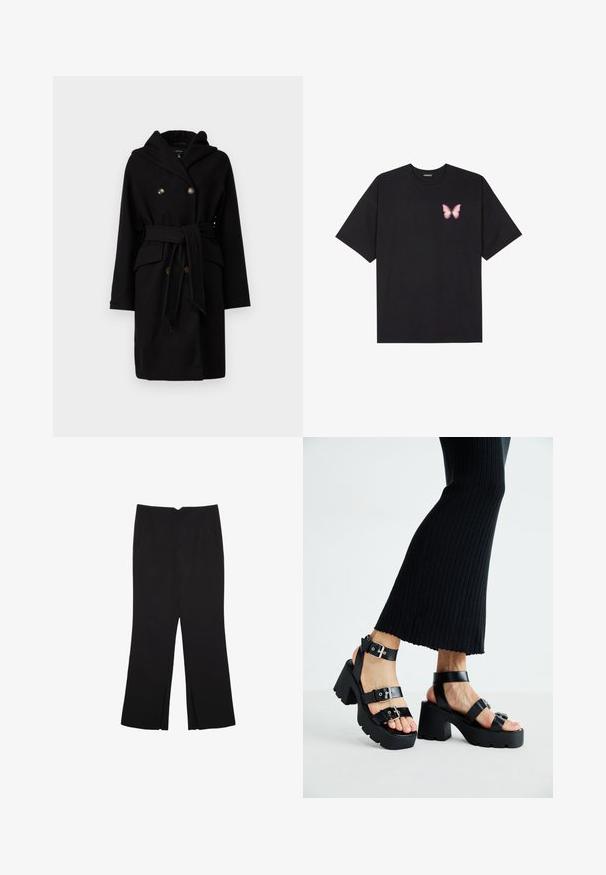 Sort uldfrakke med hætte, dobbeltradet design, to guldtonede knapper, bælte i taljen og forlommer. Glat tekstur og elegant form.; Sort bomulds T-shirt med korte ærmer, prydet med en lille pink sommerfugl grafik på venstre bryst. Rund hals design med en afslappet pasform.; Sorte bukser med lige pasform, der har frontlommer og slidser i kanten. Lavet af blødt, glat stof. Velegnet til forskellige anledninger.; Sorte platfromsandaler med kraftige, skridsikre såler og flere stropper, der har metalspænder og en glat læderlignende tekstur.