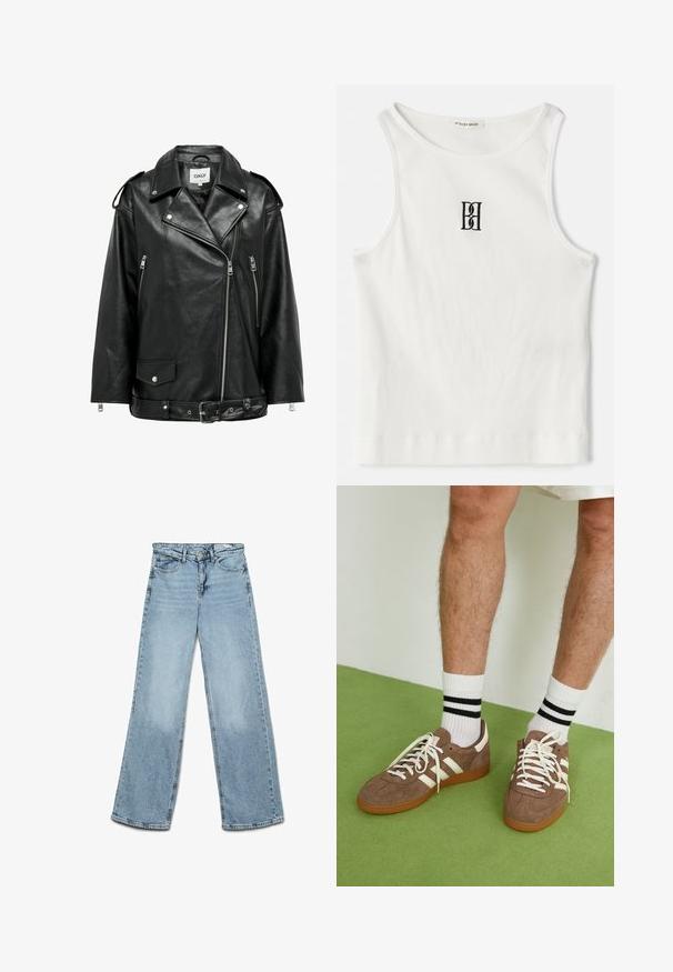 Zwart leren motorjacket met brede kraag, asymmetrische ritssluiting aan de voorkant, zijzakken en verstelbare riem in de taille. Heeft zilveren hardware-details.; Witte geribde tanktop met een zwart geborduurd logo in het midden van de borst. De halslijn en armsgaten zijn afgewerkt met een subtiele bies.; Lichtblauwe wijde jeans van denim, met een klassiek vijf-pocket ontwerp en een rechte snit met minimale vervaging op de benen.; Bruine suède sneakers met witte accenten en veters. Rubberen gumzool. Draag met witte sokken met zwarte strepen. Groene gestructureerde vloer.