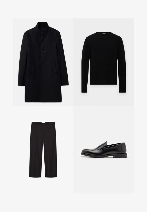 Zwart wollen overjas met een hoge kraag, voorzien van zes knopen aan de voorkant, twee zijzakken en een recht gesneden ontwerp. Glad textuur.; Filippa K SWEATER - Trui - black; Effen witte kortemouwen relaxte T-shirt plat neergelegd op een lichtgrijze achtergrond.; Zwarte wijde broek van soepel materiaal. Voorzien van een knoop- en ritssluiting, twee voorkanten zakken en een nette zoomafwerking.; Zwarte leren instappers met een gladde textuur, ronde neus en een decoratieve band over de wreef. Lage, gestapelde hak en minimalistisch ontwerp.