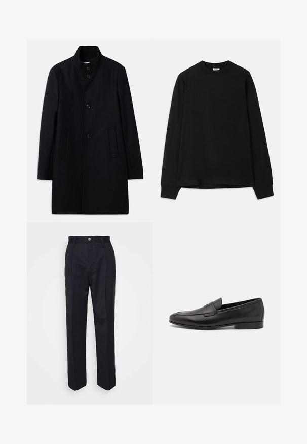 Black wool overcoat with a high collar, featuring six front buttons, two side pockets, and a straight cut design. Smooth texture.; Black long-sleeve t-shirt made of soft cotton. Features a round neckline, loose fit, and ribbed cuffs. No visible patterns or logos.; Black tailored trousers with a straight-leg design, made of smooth fabric, featuring a front button closure and two side pockets.; Black leather men's loafer with a low heel and a classic penny strap design, shown in side profile on a white background.