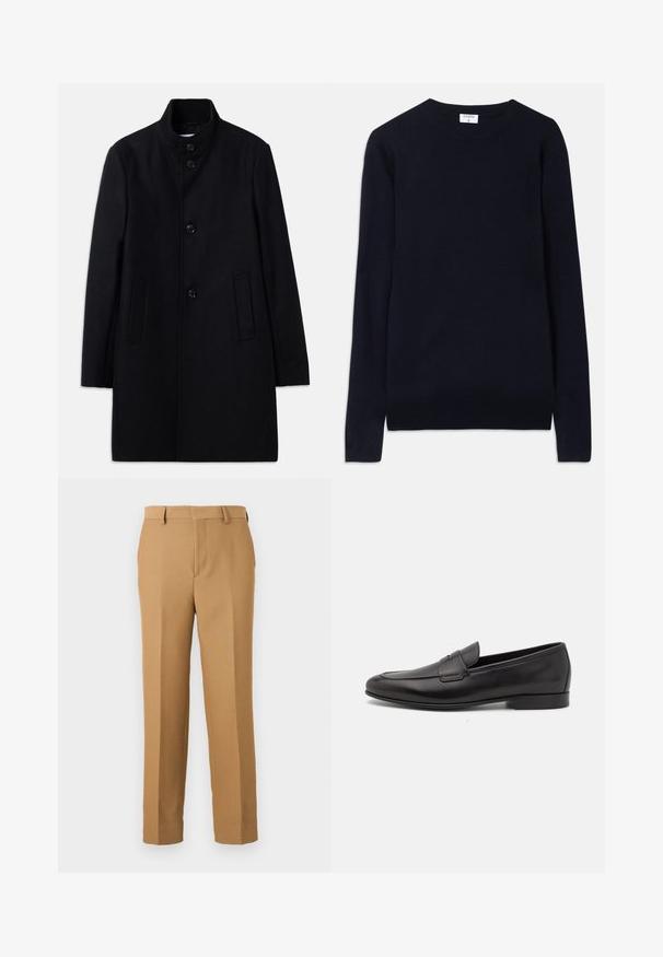 Crni vuneni kaput s visokim ovratnikom, s šest prednjih dugmadi, dva bočna džepa i ravnim krojem. Glatka tekstura.; Tamno plavi pulover s okruglim izrezom napravljen od meke tkanine, s dugim rukavima i rebrastim detaljima na ovratniku i donjem rubu. Čist, minimalistički dizajn.; Bež hlače od tkanine s ravnim krojem, ravnog prednjeg dijela i petlje za remen. Glatka tekstura bez vidljivih uzoraka.; Crne kožne muške mokasine s niskom petom i klasičnim dizajnom trake za novčiće, prikazane u bočnom profilu na bijeloj pozadini.