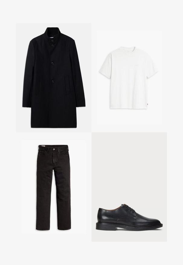 Black wool overcoat with a high collar, featuring six front buttons, two side pockets, and a straight cut design. Smooth texture.; White cotton t-shirt with short sleeves, round neckline, and a subtle "Levi's" logo printed in light color on the front.; Black straight-leg denim jeans with five pockets, button closure, and belt loops, laid flat on a white background.; Black leather dress shoe with a round toe, lace-up design, and a low stacked heel. Smooth texture with minimal stitching details.