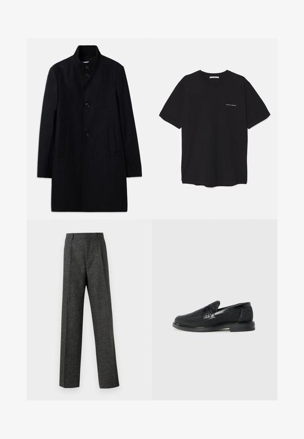 Melnas vilnas virsjakas ar augstu apkakli, pieci priekšējie pogas, divas sānu kabatas un taisna griezuma dizains. Gluda tekstūra.; Melnas kokvilnas T-krekls ar apaļu kaklu, īsām piedurknēm un baltu logotipa uzdruku kreisajā krūtī. Vienkāršs, vienkrāsains dizains.; Pelēki piegriezti bikses, izgatavotas no tekstūras auduma, ar diviem priekšējiem krokām un taisnu kāju dizainu. Nav redzamu kabatu vai rotājumu.; Melnas austas slaidu kurpes ar gludu ādas akcentu augšpusē, apaļas formas purngalu un zemas profila gumijas zoli.