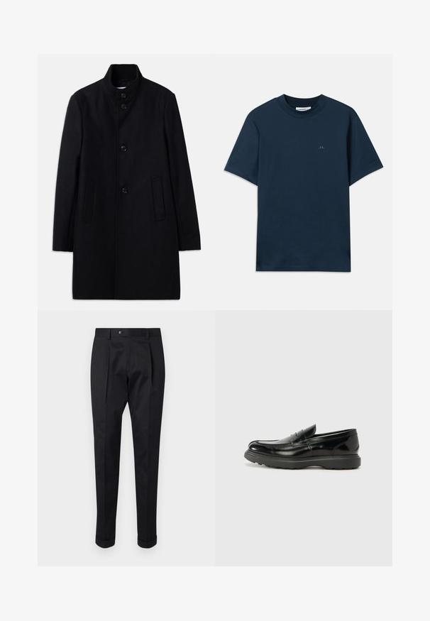 Juodas vilnonis paltas su aukštu apykakle, turintis šešis priekiniai sagas, dvi šonines kišenes ir tiesią siluetą. Lygus paviršius.; Tamsiai mėlynas medvilninis marškinėlis su apvalia iškirpte, trumpomis rankovėmis ir subtiliu logotipu, atspaustu ant krūtinės. Sklandus paviršius ir klasikė tinka.; Juodos kelnės pagamintos iš lygaus audinio, su raukšle priekyje, mygtuko uždarymu ir suknežintomis rankovėmis ties kulkšnimi.; Juodas odinis loaferis su blizgiu paviršiumi, apvaliu pirštu, subtiliais siūlių detalėmis ir storu guminio pado, užtikrinančio ilgaamžiškumą.