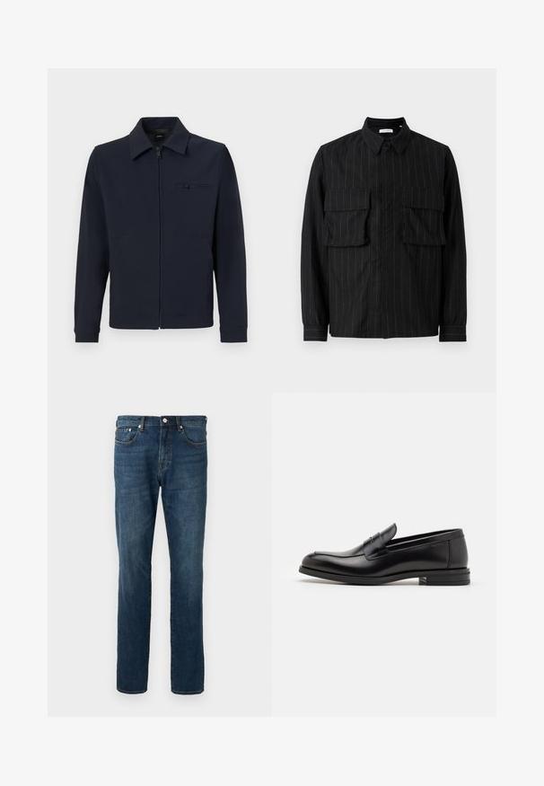 Granatowa kurtka zapinana na zamek z kołnierzem, przednia kieszeń na zamek błyskawiczny oraz kieszenie boczne; wykonana z fakturowanej tkaniny o prostym designie.; Czarna koszula z długim rękawem, w pionowe prążki, z dwoma kieszeniami na piersi, kołnierzykiem i zapięciem na guziki. Miękka, teksturowana tkanina.; Granatowe dżinsy z prostą nogawką, pięć kieszeni, zapięcie na guziki, z subtelnymi przetarciami i detalami w szwie. Gładka tekstura.; Czarne skórzane mokasyny o gładkiej fakturze, zaokrąglonym nosku i dekoracyjnym pasku na przodzie. Niski, warstwowy obcas, minimalistyczny design.
