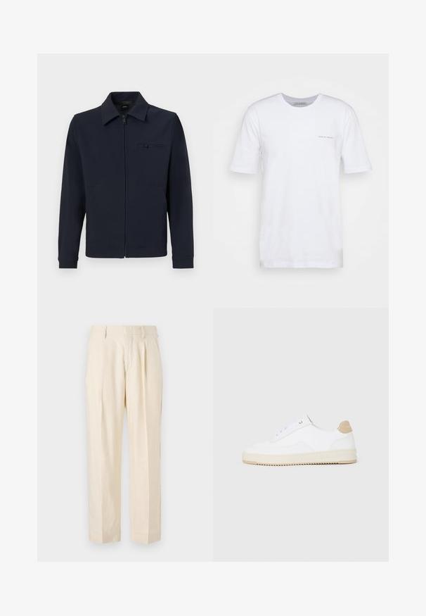 Námornícka zipsová bunda s golierom, predným vreckom so zipsom a bočnými vreckami; vyrobená z textúrovaného materiálu s čistým dizajnom.; Biele tričko s krátkym rukávom vyrobené z bavlny, s okrúhlym výstrihom a malou potlačenou logom na ľavej strane. Hladká textúra, voľný strih.; NN.07 KAY - Nohavice - off white; Biele nízke tenisky s textúrovaným koženým zvrškom, krémovou drážkovanou podrážkou a akcentom v hnedej farbe na podpätku. Majú biele šnúrky a detail loga na päte.