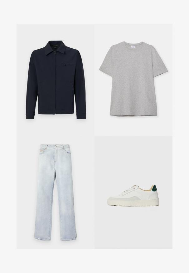 Laivastonsininen vetskareihin suljettava takki, jossa on kaulus, etulokero vetoketjulla ja sivutaskut; valmistettu teksturoidusta kankaasta, jossa on siisti muotoilu.; Harmaa lyhythihainen T-paita, joka on valmistettu pehmeästä ja teksturoidusta kankaasta. Varustettu klassisella pyöreällä pääntiellä ja suoraselkäisellä helman kanssa, sopii rentoon pukeutumiseen.; Vaaleansiniset farkut suoran lahkeen muotoilulla, joissa on napitus, viisi taskua ja kontrastiväriset ompeleet.; Valkoiset tennarit, joissa on nahkaosia, pyöreä kärki, tasaiset nauhat ja kermaisa kumi-pohja. Takana vihreä brändäys.