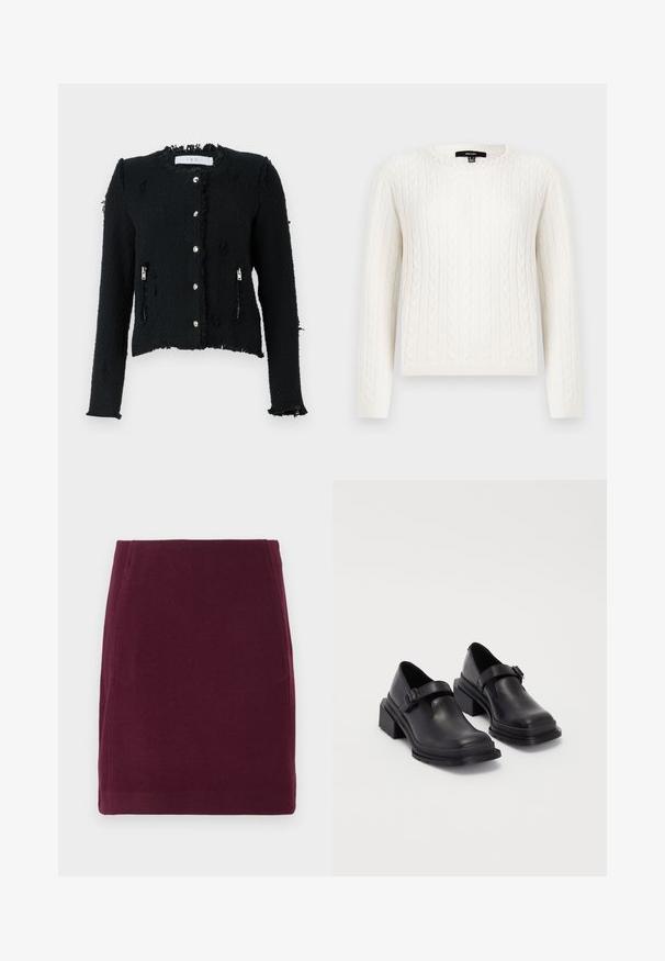 Black textured jacket with a frayed hem, silver button closures, and side zip pockets. Features a cropped design and long sleeves.; White cable-knit sweater featuring long sleeves, a round neckline, and a decorative pearl accent at the collar. Soft texture and fitted design.; Vero Moda VMFORTUNALLISON SHORT - A-line skirt - winetasting; Black leather shoes with a rounded toe, flat sole, and a strap with a buckle detail. Chunky block heel for added stability.