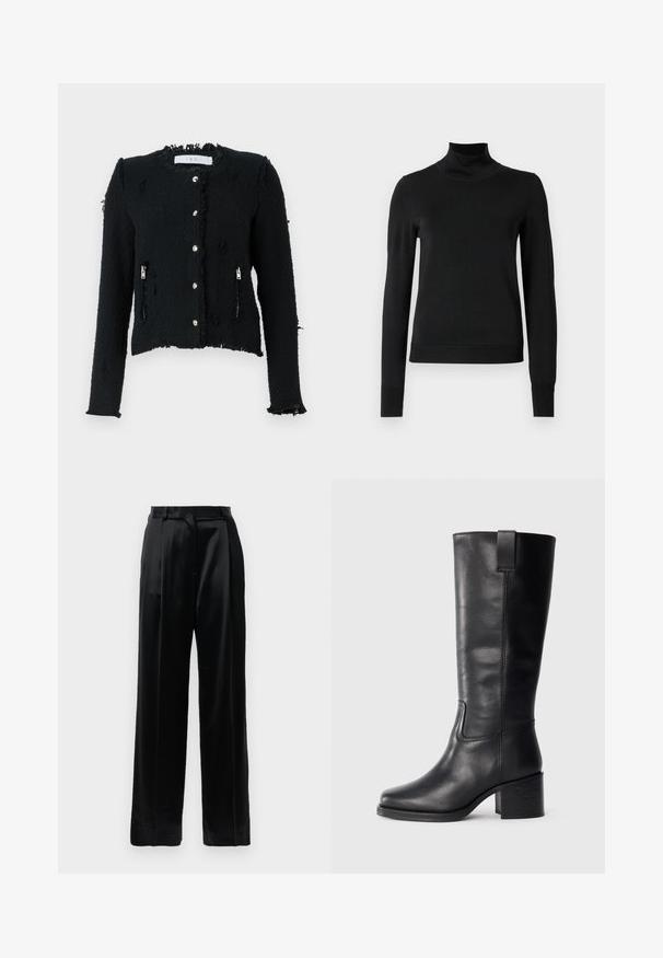 Black textured jacket with a frayed hem, silver button closures, and side zip pockets. Features a cropped design and long sleeves.; Black long-sleeve turtleneck sweater with ribbed cuffs and hem, displayed on a plain white background.; Black high-waist satin trousers with straight wide legs, belt loops, and a flat front closure against a plain white background.; Black leather knee-high boots with a smooth texture, square toe, block heel, and side pull tab, featuring minimal stitching details.