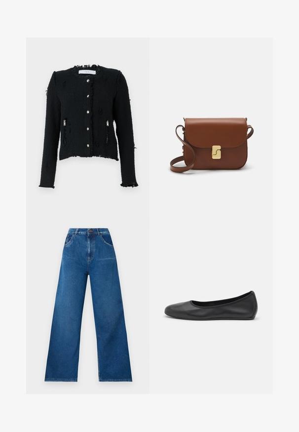 Black textured jacket with a frayed hem, silver button closures, and side zip pockets. Features a cropped design and long sleeves.; Light beige cropped sweater with a zippered mock neck, featuring a textured pattern and ribbed cuffs and hem. Combines knit and woven materials.; Wide-leg jeans in dark blue denim with a high waist, featuring front and back pockets, and contrast stitching details.; Black leather ballet flat with a rounded toe, smooth texture, minimal stitching detail, and a flexible sole design.; Brown leather handbag with a flap closure, gold-tone hardware, a shoulder strap, and a smooth texture. Compact rectangular shape.