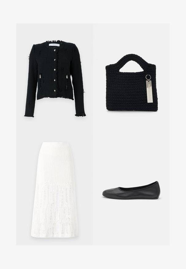 Must esitatud mainega must tekstureeritud jakk rikkumisega hemiga, hõbedaste nööpide ja külgedele paigutatud eemaldatavate taskutega. Jakk on lühikese lõikega ja pikkade varrukatega.; Norma Kamali Pikkade varrukatega topp - cream; Kootud valge midi seelik, millel on tekstuurine muster vertikaalsete joonte ja lõike-detailidega hemmi lähedal. Elastne vöökoht. Pehme materjal.; Musthave mustika tantsutossud mustast nahast, ümmarguse varbaga, siledast tekstuurist, minimaalse õmblusdetailiga ja paindliku tallakujundusega.; Won Hundred MARSIELLE COMPUTER BAG UNISEX - Sülearvutikott - black