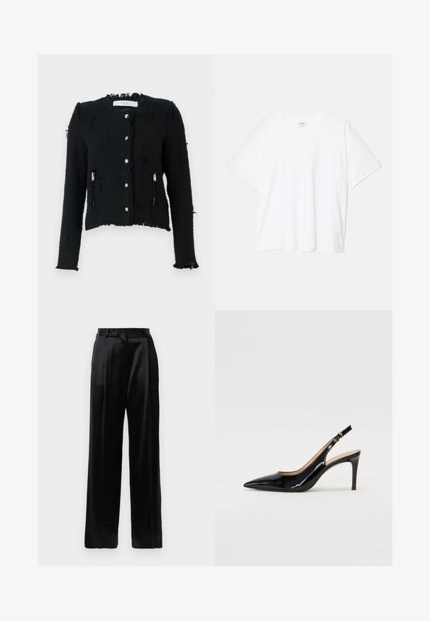 Jachetă neagră texturată cu tiv desfăcut, închideri cu nasturi argintii și buzunare laterale cu fermoar. Are un design scurt și mâneci lungi.; Tricou alb din bumbac, cu mâneci scurte, guler rotund, croi lejer și tiv cusut. Eticheta este vizibilă pe interiorul gulerului.; Pantaloni negri din satin, cu talie înaltă, picioare drepte și largi, cu bucle pentru curea și închidere plată, pe un fundal alb simplu.; Pantofi slingback din piele patent neagră, cu vârful ascuțit, tocul subțire și un design discret cu decupaj. Se evidențiază printr-un cataramă aurie pe curea.