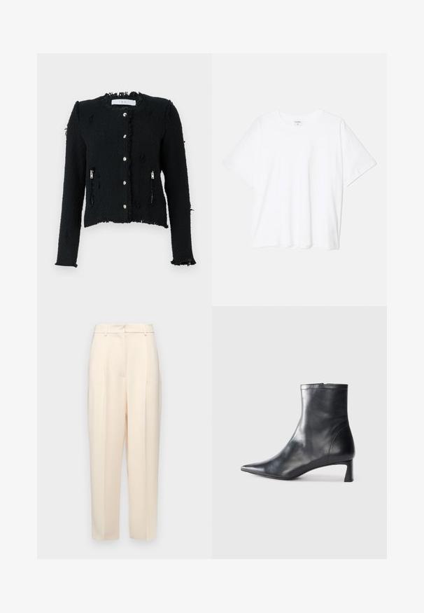 Melna teksturēta jaka ar nodilušu apakšmalu, sudraba pogu aizdari un sānu rāvējslēdzēja kabatām. Iezīmējas ar īsu dizainu un garām piedurknēm.; Balta kokvilnas T-krekls ar īsām piedurknēm, apaļu dekoltē, brīva piegriezuma un šūtu apakšmalu. Etiķete redzama iekšējā kakla daļā.; Beige pielāgotas bikses ar taisnu piegriezumu, priekšpusē ar krokām, gluda tekstūra un vidējas augstuma jostasvieta. Nav redzamu kabatu.; Melnas ādas potītes zābaki ar norādītu pirkstu un elegantu dizainu. Iezīmē zemu papēdi un rāvējslēdzēja aizdari aizmugurē. Gluda tekstūra.
