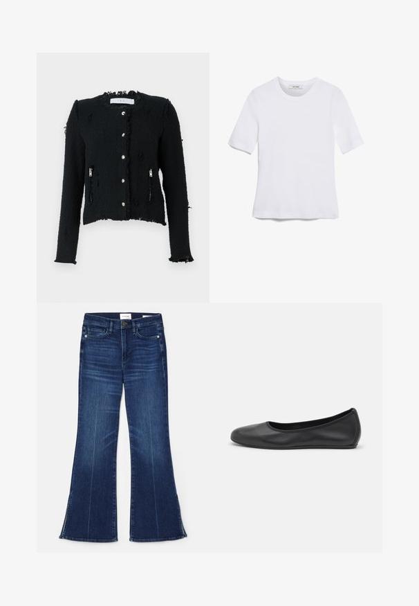 Svart texturerad jacka med fransat avslut, silverfärgade knapplås och sidofickor med dragkedja. Har en kortad design och långa ärmar.; Vit kortärmad t-shirt i ribbat tyg. Rund halsringning, normal passform och diskreta sömdetaljer. Inga mönster eller tryck.; Mörkblå utsvängda jeans i denim. Har hög midja, framfickor och slitsdetaljer vid fållen. Klassisk femficksdesign.; Svart läderballerinaskor med rund tå, slät yta, minimala söm detaljer och en flexibel sula.