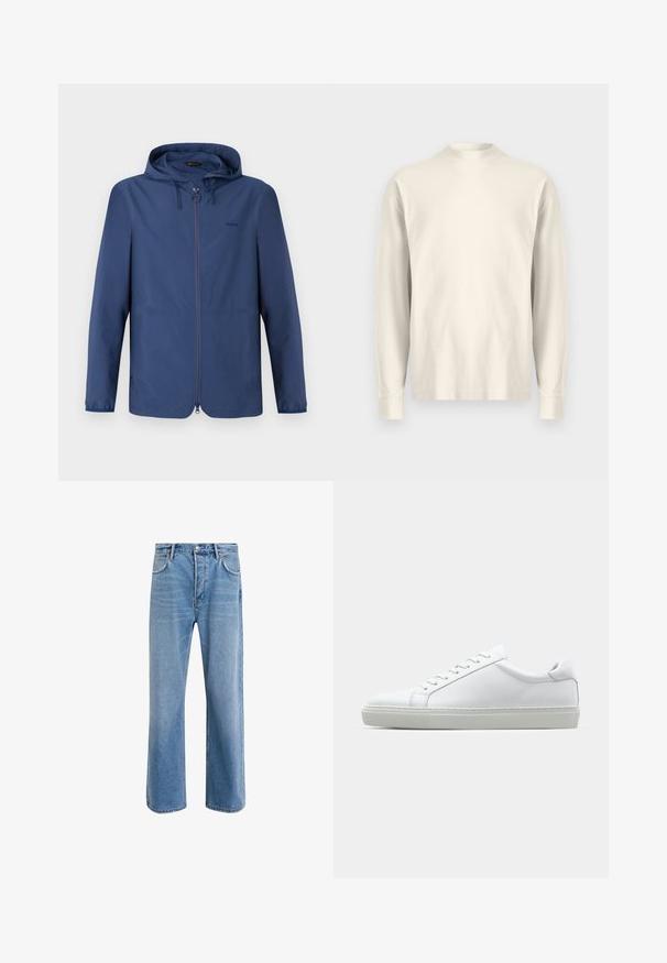 Navy blue lightweight jacket with a hood, full zipper, and elastic cuffs. Features a minimalist design and subtle logo on the chest.; Long-sleeve, mock-neck shirt in light cream cotton. Smooth texture, relaxed fit, minimalist design, no visible patterns or accents.; Light blue denim jeans with a straight-leg design, five pockets, button closure, minimal fading, and contrasting stitching details.; White sneaker with a smooth leather upper and a low profile. Features a rounded toe, six eyelets, and a textured rubber sole.