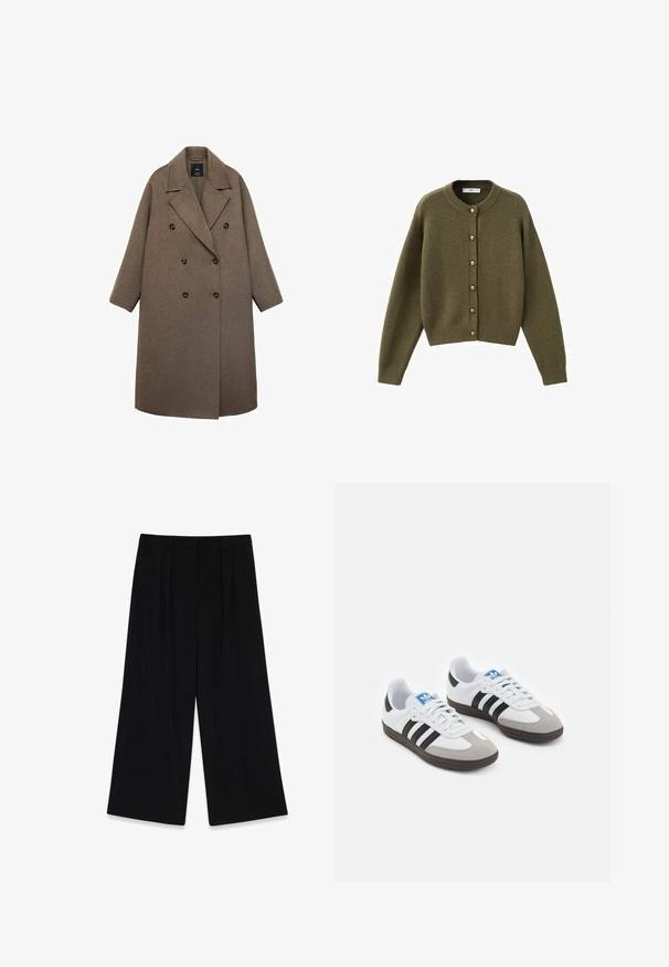 Cappotto doppiopetto in lana marrone con colletto a punte, grandi bottoni neri e maniche larghe, caratterizzato da un design fino al ginocchio.; Cardigan lavorato a maglia verde oliva con scollo rotondo, grandi bottoni lungo la parte anteriore e polsini e orlo a costine. Texture morbida, vestibilità comoda.; Maglietta a maniche corte bianca con collo giro, con un'etichetta nera al colletto, stesa su uno sfondo bianco.; Pantaloni neri a gamba larga realizzati in un tessuto morbido, caratterizzati da pieghe davanti, vita media e senza chiusure o decorazioni visibili.; Scarpe sportive con tomaia in pelle bianca, punta in suede grigia e tre strisce nere. Presentano un logo blu sulla linguetta e una suola in gomma testurizzata.