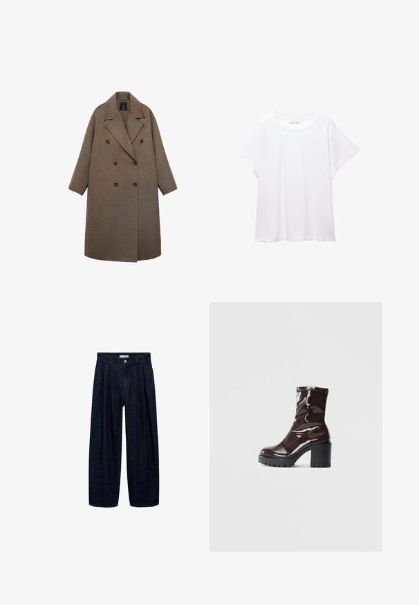 Palton din lână maro, cu guler tăiat, nasturi mari negri și mânici largi, având un design până la genunchi.; Tricou alb dintr-un material moale și ușor. Prezintă un decolteu rotund și mâneci scurte, largi, cu un croi lejer. Fără modele vizibile.; Pantaloni largi din denim închis, cu pliseuri la talie, având un button frontal și pasaje pentru curea. Textură netedă și design pe întreaga lungime.; Botine lucioase burgundy, cu toc gros negru, având o textură netedă și un design simplu. Fără închideri sau modele vizibile.