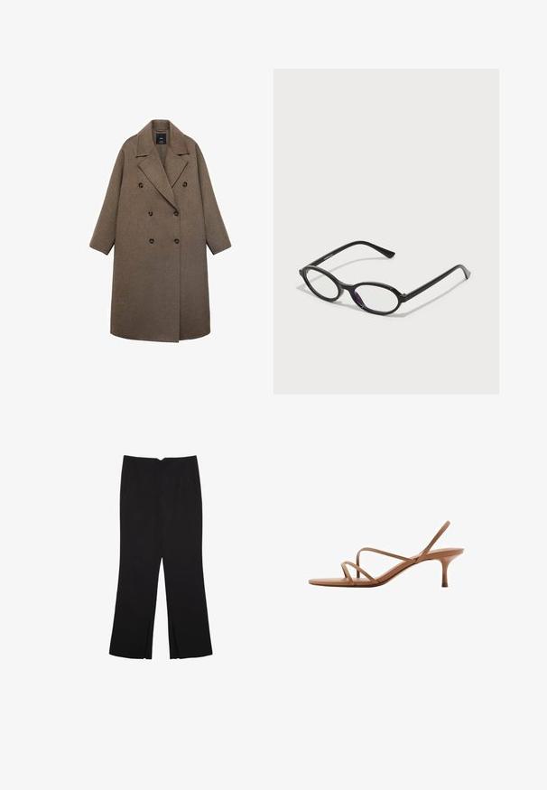 Hnedý viklový kabát z vlny s vykrojeným golierom, veľkými čiernymi gombíkmi a širokými rukávmi, má dĺžku po kolená.; Čierny bezrukávový crop top vyrobený z hladkej tkaniny, so zaobleným výstrihom a čistým, jednoduchým dizajnom bez vzorov alebo kovania.; Čierne nohavice so strihom rovného strihu, s prednými vreckami a bočnými rozparkami na leme. Vyrobené z mäkkej, hladkej tkaniny. Vhodné na rôzne príležitosti.; Hnedé sandále s remienkami a minimalistickým dizajnom. Skôr tenký opätok a plochá podrážka, vyrobené z hladkého materiálu s jemnými remienkami.; Čierne okuliare s oválnym rámom a priesvitnými fialovými akcentmi na sklách. Rámy majú matný povrch a štíhle, priame nožičky.