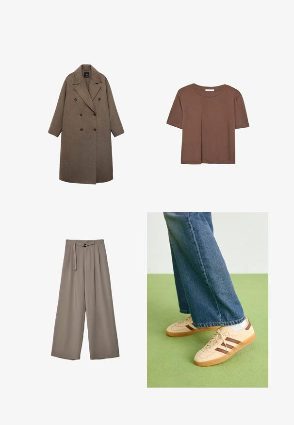 Dvojvrstni plašč iz rjave volne z žepi, velikimi črnimi gumbi in širokimi rokavi, ki ima dolžino do kolen.; Rjava kratka majica s kratkimi rokavi iz mehkega materiala, s krožnim izrezom in ohlapnim krojem. Brez vidnih vzorcev ali dodatkov.; Široke hlače iz mehke, umirjene sive tkanine, z pasom, ki ga je mogoče zavezati, in z gubami za dodatne oblikovne podrobnosti. Gladka tekstura, brez vzorcev.; Bež teniske z teksturiranimi kremnimi paneli in rjavimi črtami, v kombinaciji z modrimi kavbojkami. Kavbojke imajo široke hlačnice in raztrgan rob.