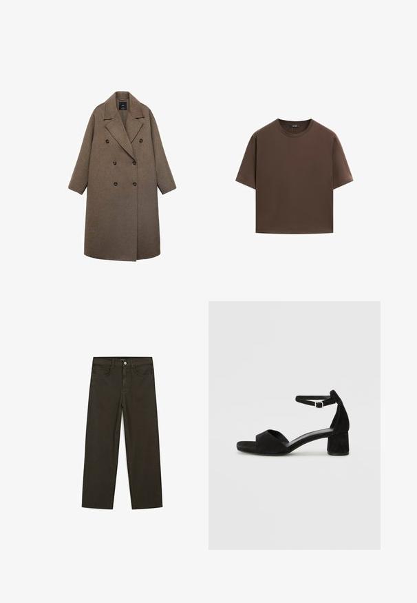 Dwurzędowy płaszcz z brązowej wełny z ząbkowanym kołnierzem, dużymi czarnymi guzikami i szerokimi rękawami, o długości do kolan.; Brązowa bawełniana koszulka, krótki rękaw, okrągły dekolt, luźny fason, gładka tkanina, minimalistyczny design, bez widocznych wzorów czy akcentów.; Ciemnozielone spodnie dżinsowe typu wide-leg wykonane z mieszanki bawełny, z zamkiem na guzik z przodu, pięcioma kieszeniami i klasycznym przeszyciem dżinsowym.; Czarne zamszowe sandały na obcasie z cienkim paskiem wokół kostki, otwartym noskiem i skromnym słupkowym obcasem. Gładka faktura i minimalne akcenty.