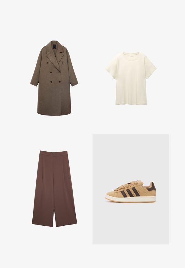 Dvoslojni kaput od smeđeg vune s izrezanim ovratnikom, velikim crnim dugmadi i širokim rukavima, s dizajnom do koljena.; Svijetlo bež majica kratkih rukava s okruglim izrezom, izrađena od meke, glatke tkanine. Karakterizira je opušteni kroj i ravni rub.; Smeđe hlače širokog kroja s glatkom teksturom, koje imaju visok struk i nabore sprijeda. Tkanina je lagana i slobodno se kreće.; Smeđe suede tenisice s tri tamnosmeđe pruge, bijelim potplatom i bež vezicama. Uparene s hlačama u tirkiznoj i bijeloj prugastoj boji.