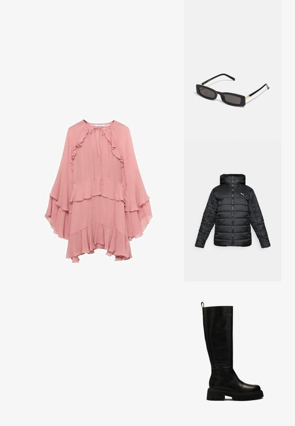 Crna podstavljena jakna s kapuljačom, prednjim zatvaračem i toniranim šavovima. Bijeli logo na gornjoj lijevoj strani prsnog dijela. Glatka, sjajna tkanina.; Roza chiffon haljina slobodnog kroja, s volanima na dekolteu, rukavima i rubu, te vezivanjem na vratu.; Crne kožne čizme do koljena s elegantnim dizajnom, zaobljenim vrhom i masivnom gumenom potplatom s dubokim utorima te s trakicom za povlačenje na vrhu.; Crne pravokutne sunčane naočale s tamnim lećama, sjajnim plastičnim okvirom i zlatnim akcentima na sljepoočnicama. Minimalistički dizajn i elegantan oblik.