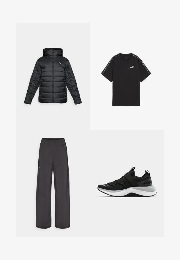 Black padded jacket featuring a hood, front zipper, and tonal stitching. White logo on the upper left chest. Smooth, glossy fabric.; Black short-sleeve t-shirt made of cotton. Features white Puma logo on chest and patterned accents on shoulders. Standard fit and crew neck.; Black athletic pants with a wide waistband, side pockets, and flat seams. Features a small logo on the left leg. Made from smooth, stretchy fabric.; Black athletic shoe with a textured upper, elastic straps, and a thick white midsole. Features a grey accent along the sole.