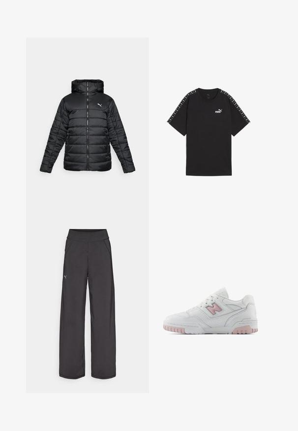 Sort polstret jakke med hætte, frontlynlås og tonal syninger. Hvidt logo på øverste venstre bryst. Glat, blankt stof.; Sort kortærmet t-shirt lavet af bomuld. Har hvidt Puma-logo på brystet og mønstrede detaljer på skuldrene. Standard pasform og rund hals.; Sorte træningsbukser med en bred talje, sidelommer og flade sømme. Har et lille logo på venstre ben. Fremstillet af glat, strækbart stof.; Hvid atletisk sko med lyserøde detaljer. Har glat læder, perforerede sektioner og en tyk gummisål. Snørebåndene er i standardstil.