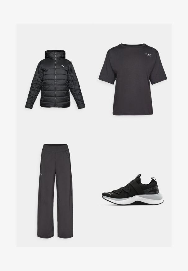 Czarna ocieplana kurtka z kapturem, przednim zamkiem błyskawicznym i tonalnym przeszyciem. Białe logo na górnej lewej stronie klatki piersiowej. Gładki, błyszczący materiał.; Czarna koszulka z krótkim rękawem, wykonana z miękkiego materiału, z okrągłym dekoltem i małym logo na górnej lewej stronie.; Czarne spodnie sportowe z szerokim pasem, bocznymi kieszeniami i płaskimi szwami. Posiadają małe logo na lewej nogawce. Wykonane z gładkiego, elastycznego materiału.; Czarne sportowe buty z teksturowaną cholewką, elastycznymi paskami i grubą białą podeszwą środkową. Posiadają szary akcent wzdłuż podeszwy.