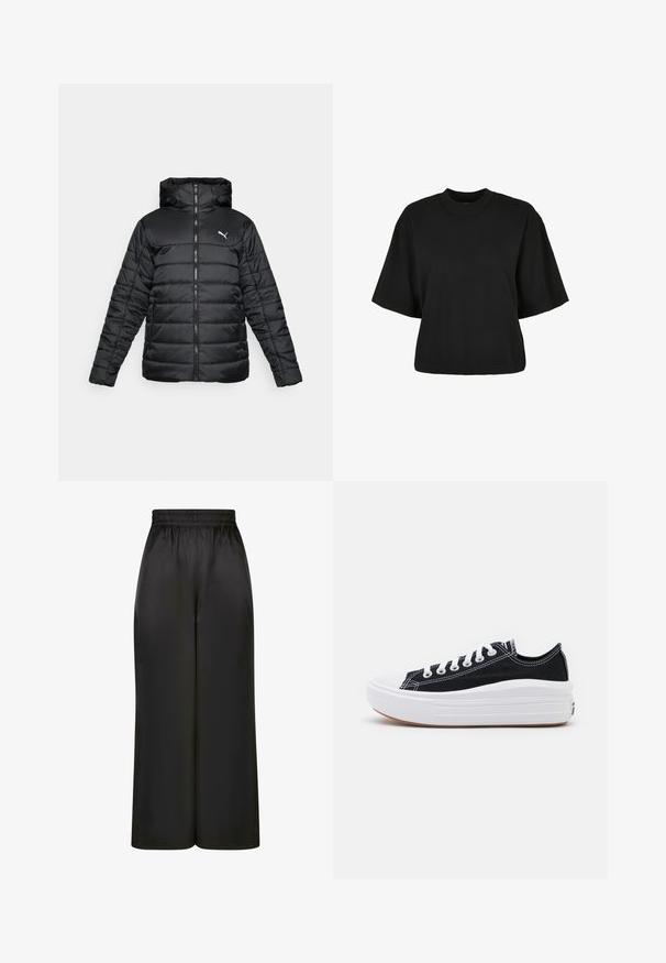 Svart polstret jakke med hette, glidelås foran og ton i ton søm. Hvit logo på øvre venstre bryst. Glatt, glossy stoff.; Svart kort garden t-skjorte laget av bomull. Har korte ermer og rund halslinning. Jevn tekstur med et enkelt design, ingen ekstra mønstre.; Sorte bukser med vid benvidde laget av glatt, blankt stoff, med elastisk midje og uten synlige lommer eller detaljer i metall.; Svart canvas sneakers med hvite lisser, hvit gummitåhette og en tykk hvit mellomsåle. Har subtil hvit søm og en gummisåle.