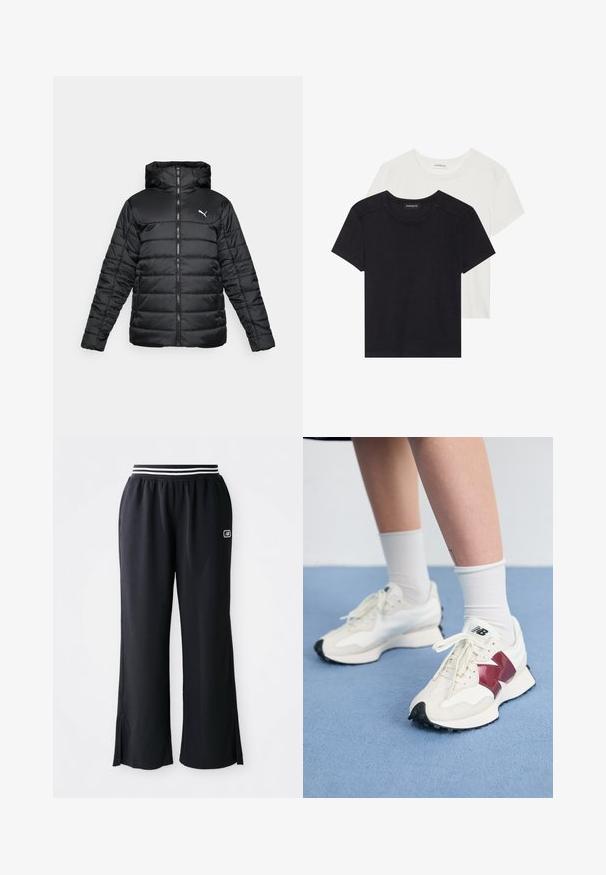 Black padded jacket featuring a hood, front zipper, and tonal stitching. White logo on the upper left chest. Smooth, glossy fabric.; Two short-sleeve T-shirts in black and white. Made of soft cotton, featuring a round neckline and standard fit with minimal stitching detail.; Black athletic pants with a wide leg design, elastic waistband featuring black and white stripes, and side slits at the hem.; Pair of white sneakers with maroon accents, textured panels, flat black outsole, and light laces, worn with white ankle socks.