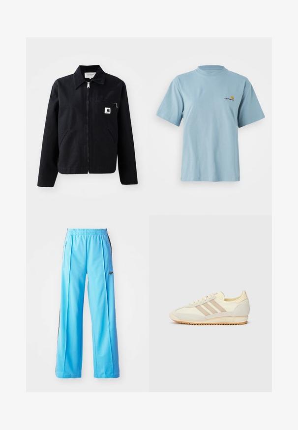 Casaco preto de lona com fecho anterior, gola, dois bolsos laterais e bolso no peito. Apresenta um pequeno logotipo quadrado branco no bolso.; T-shirt de algodão de manga curta azul claro com decote redondo e pequeno logótipo da Carhartt em amarelo e vermelho no lado esquerdo do peito.; Calças atléticas azul claro com uma cintura elástica, fechos laterais e detalhes pretos nas laterais. Tecido macio com um design solto e de perna larga.; Sapatilha atlética creme com três riscas bege, materiais em camurça e tecido, sola texturizada e logo em relevo no calcanhar.
