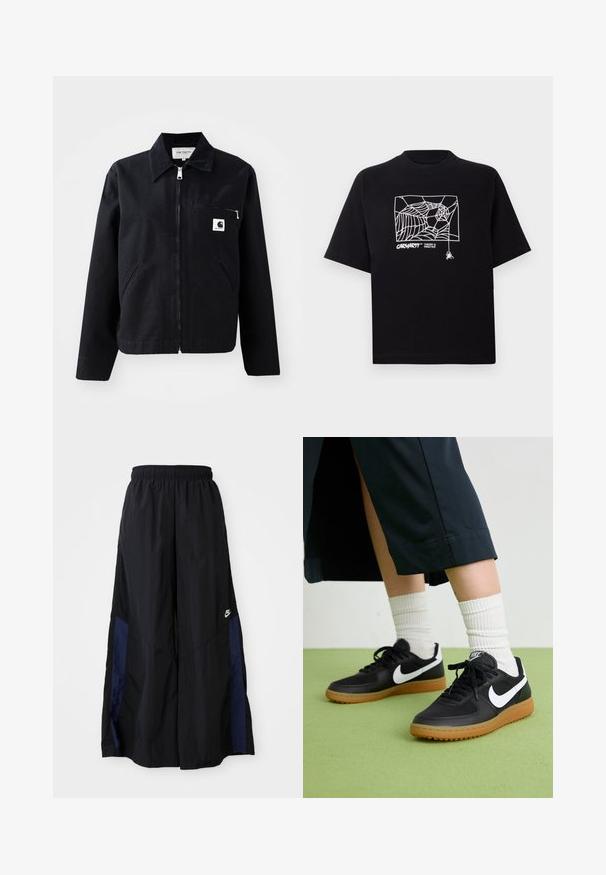 Sort canvasjakke med lynlås foran, krave, to sidelommer og en brystlomme. Har et lille hvidt firkantet logo på lommen.; Sort T-shirt lavet af bomuld med korte ærmer. Har et hvidt edderkoppespin grafik og logo på fronten. Enkel rund halsudskæring.; Sorte vide benbukser lavet af letvægtsstof, med et marineblåt sidepanel og en elastisk talje. Lille hvidt logo nederst.; Sorte læder- og syntetiske sneakers med hvid Nike swoosh, gummisål, rund tå og sorte snørebånd. Ribbede hvide sokker synlige.