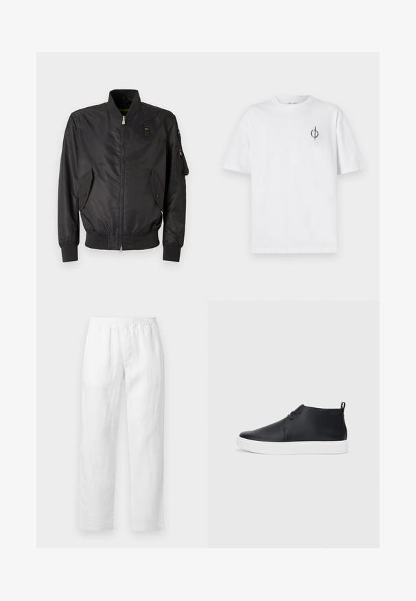 Musta bomber-takki, joka on valmistettu sileästä kankaasta. Takissa on ribbikorsetti, vetoketjullinen etumus, sivutaskut sekä paneelitasku hihassa.; Valkoinen puuvillapaita rentoa istuvuutta, jossa on pieni musta graafinen logo vasemmassa rintataskussa. Lyhyet hihat, pyöreä kaula-aukko.; Valkoiset pellavahousut, joissa on joustava vyötärönauha, suora lahjemalli ja pehmeä koostumus ilman näkyviä kuvioita tai metalliosia.; Musta nahkainen korkeavartinen lenkkari, jossa on sileä pinta, valkoinen kumipohja ja yksinkertainen nauhoitusdesign. Takana on vetoketju.