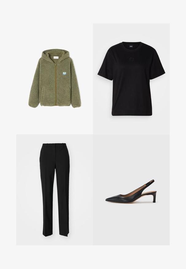 Žaliojo alyvuogių spalvos fliso džemperis su užtrauktuku. turi gobtuvą, dvi priekinės kišenes ir etiketes. Minkšta, tekstūruota medžiaga su laisvu siluetu.; Juodas medvilninis marškinėliai su apvalia iškirpte, trumpomis rankovėmis ir siuvinėjimu ant krūtinės. Paprastas, laisvas siluetas be raštų.; Juodi pritaikyti kelnių modeliai su tiesiomis kojomis, pasižyminčios lygiomis tekstūromis ir ryškiomis klostėmis priekyje. Nėra matomų detalių.; Juodas odinis šliuurkastukas su smailiu pirštu, žemu kulnu ir glotnia tekstūra. Turi ploną reguliuojamą dirželį patogiam prigludimui.