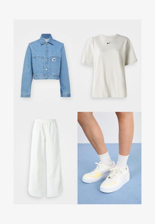 Blauwe denim cropped jas met een knoopsluiting, twee voorzakken en een logo label. Heeft een klassieke kraag en lange mouwen.; Witte katoenen t-shirt met een ronde halslijn en korte mouwen. Heeft een klein zwart Nike-logo op de borst. Eenvoudig en onopgesmukt ontwerp.; Witte atletische broek met wijde pijpen, een geribde tailleband en subtiele logodetails. Soepele stof met een relaxte pasvorm en taps toelopende zoom.; Witte leren sneakers met gele en lavendelkleurige accenten, ronde neus, platte veters en een textuurrubber zool. Gdraag met witte sokken.