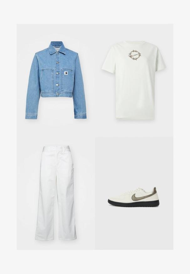 Modrá džínová zkrácená bunda s knoflíkovým zapínáním, dvěma předními kapsami a logem. Má klasický límec a dlouhé rukávy.; Světlé zelené bavlněné tričko s centrálním motivem ostnatého drátu obklopujícího logo. Kulatý výstřih a krátké rukávy. Měkká textura.; Bílé kalhoty s širokými nohavicemi vyrobené z bavlny, s hladkou texturou, rovný střih, přední kapsy a čistý lem.; Nike Sportswear FIELD GENERAL - Tenisky - off-white/black
